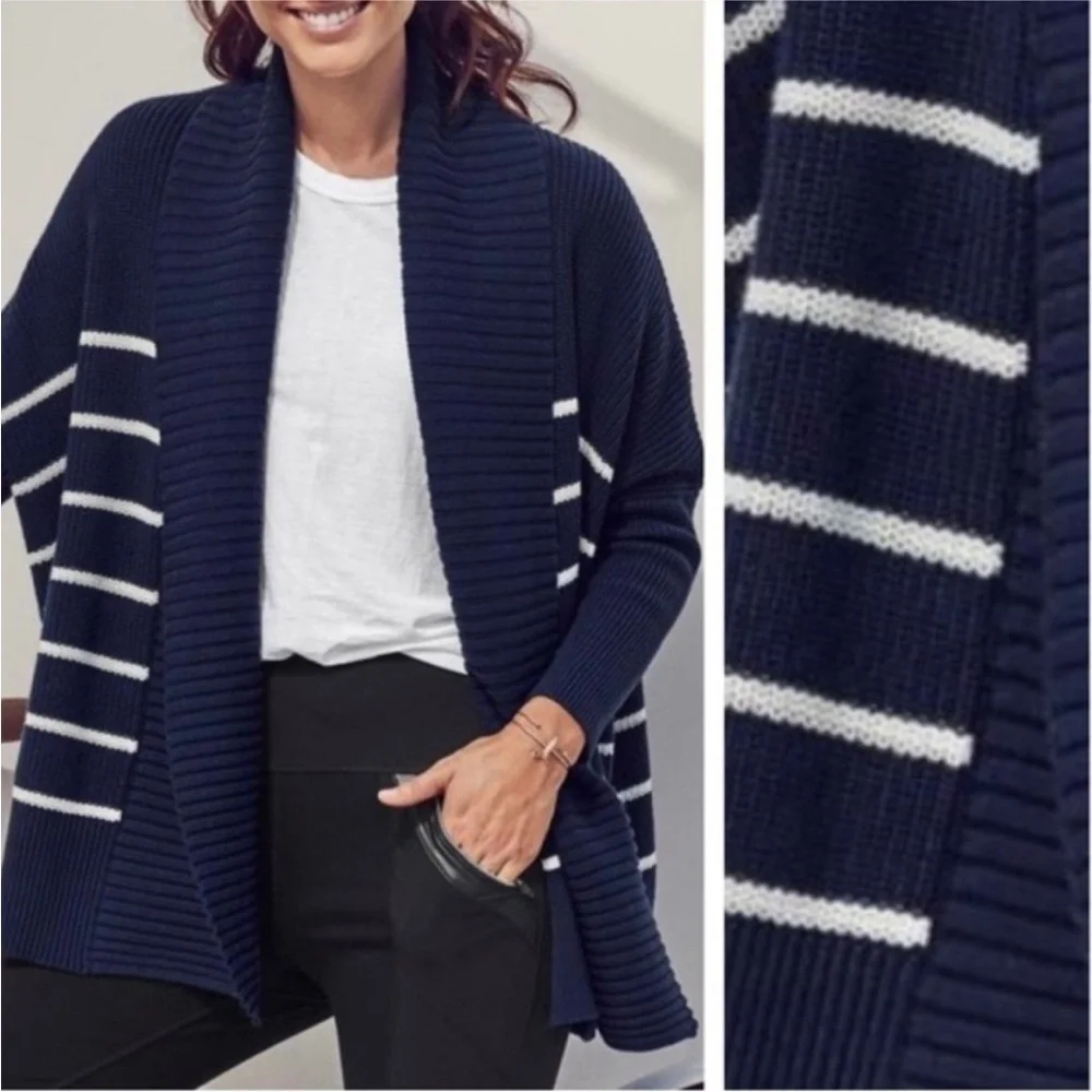 Athleta Peaceful Wrap Open Oversized Knit Cardigan Navy/white Stripe Sz XL